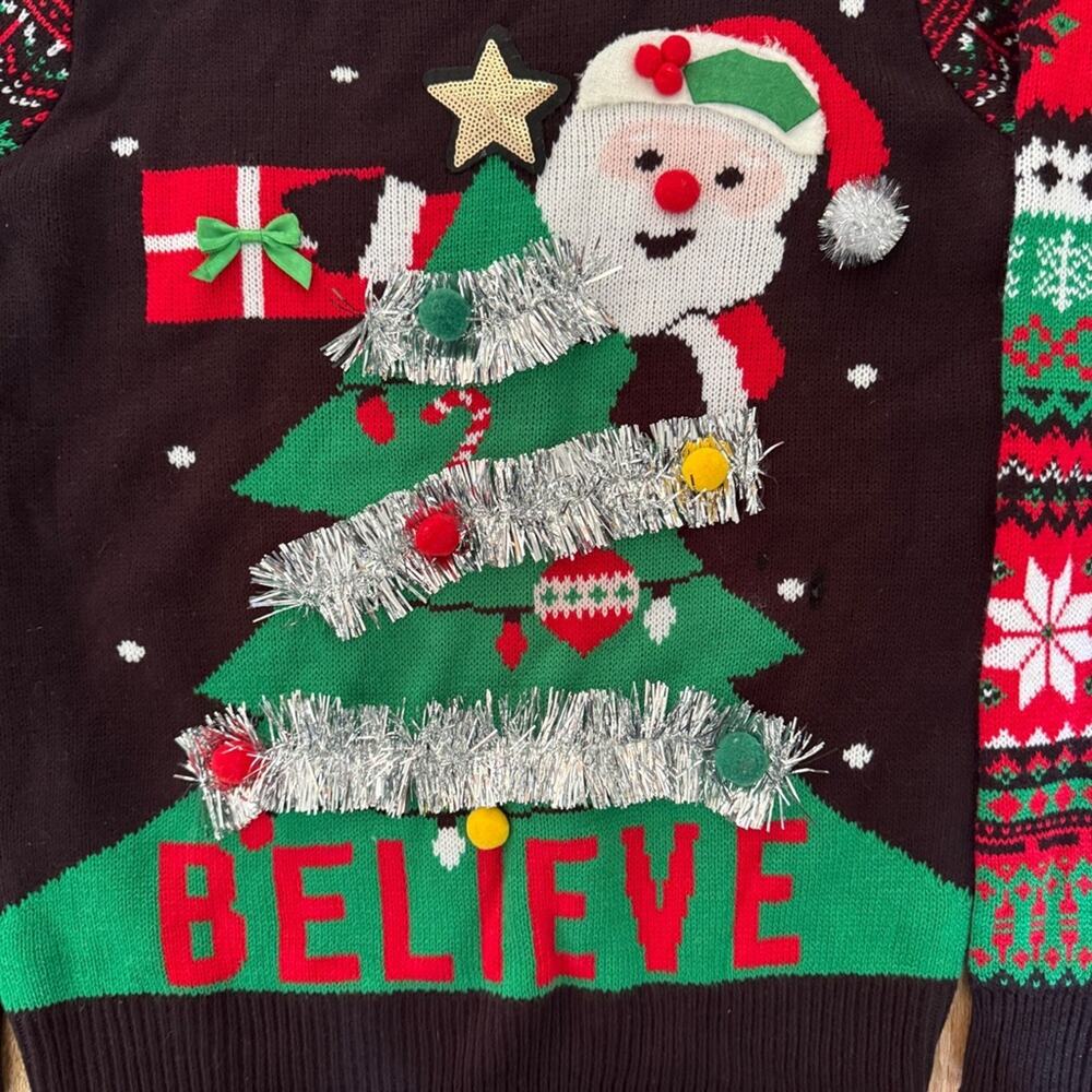 No Boundaries Women Black Christmas Sweater Santa and Tree Tinsel Size L 11-13 - Picture 2 of 7
